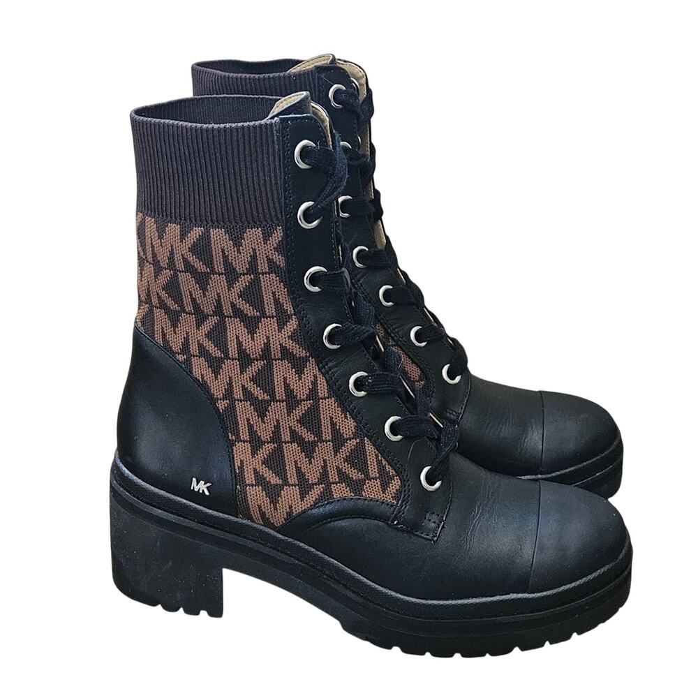 Michael Kors MK Logo Print Combat Boots Lug Sole Lace Up Zip - Picture 3 of 5